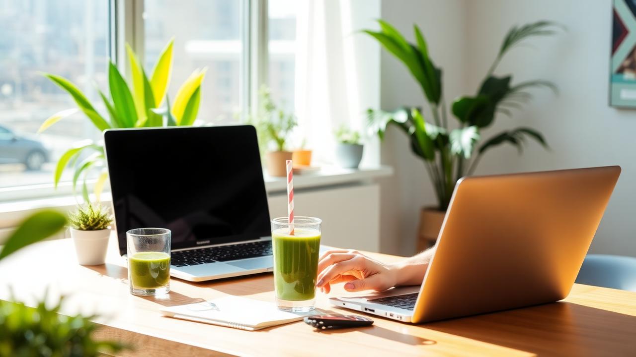 Person working focused at desk with green energy drink