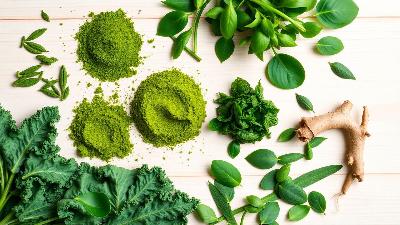 Green superfood ingredients including matcha, spirulina, kale, and ginseng