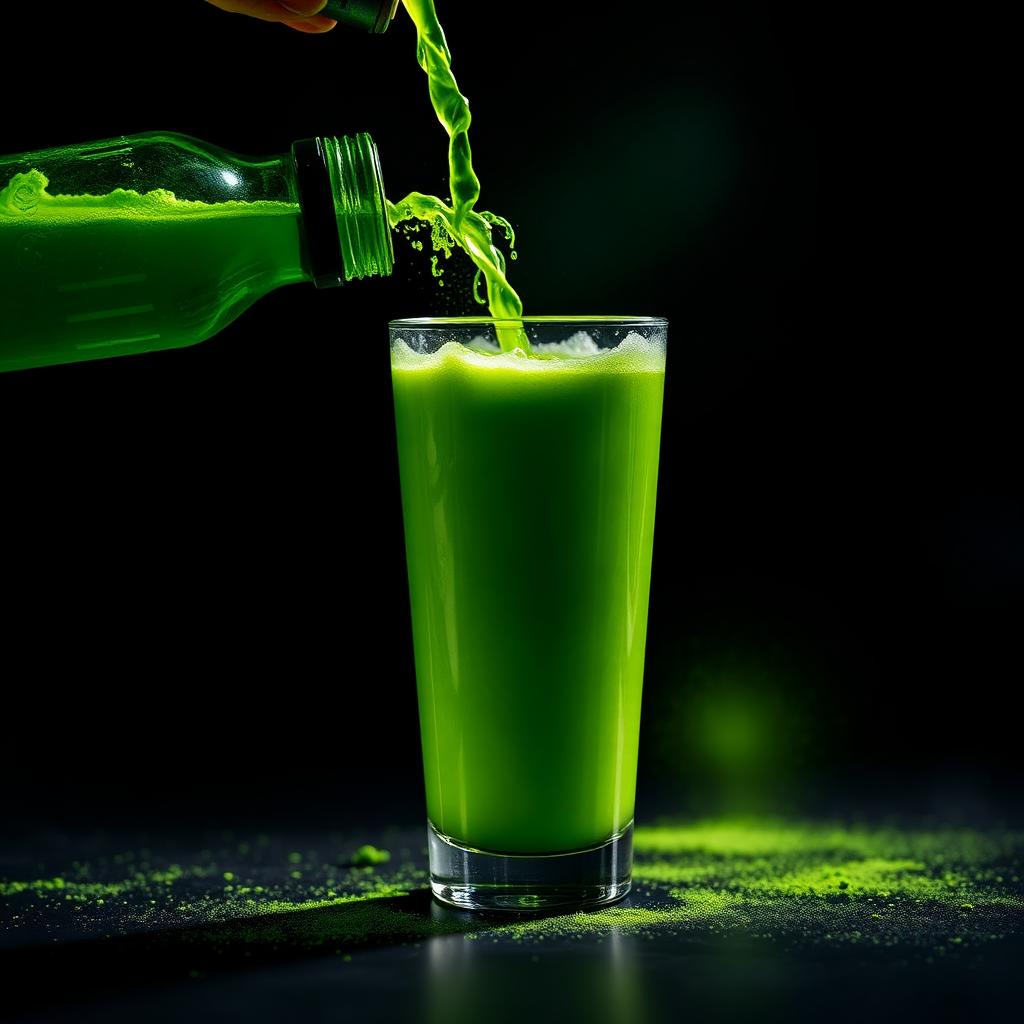 Green Regimen powder being poured into a glass of water