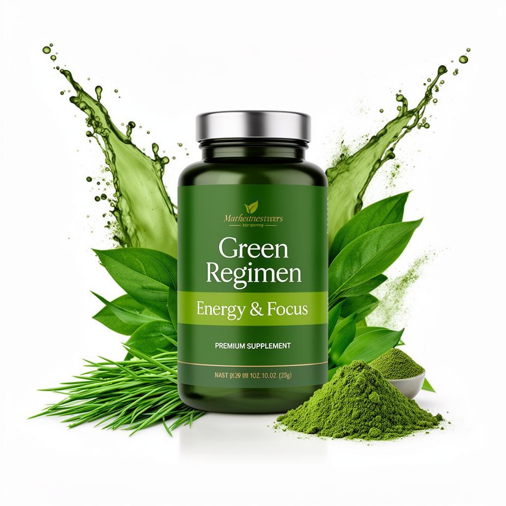 Green Regimen Energy & Focus supplement bottle with fresh green ingredients